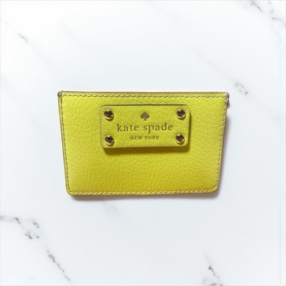 Kate Spade Bright Yellow & Tan Leather Card Holder with Polka Dot Interior - Picture 1 of 8